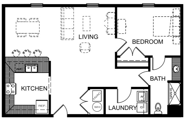 Floor plan for 1 bed, 1 bath, 806 sqft